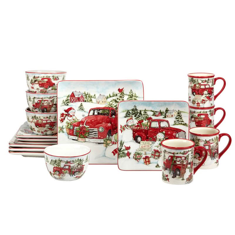 16-Piece Christmas Print Porcelain Dinnerware Set – Service for 4 People