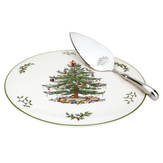 Christmas Tree Print Cake Plate and Server Set