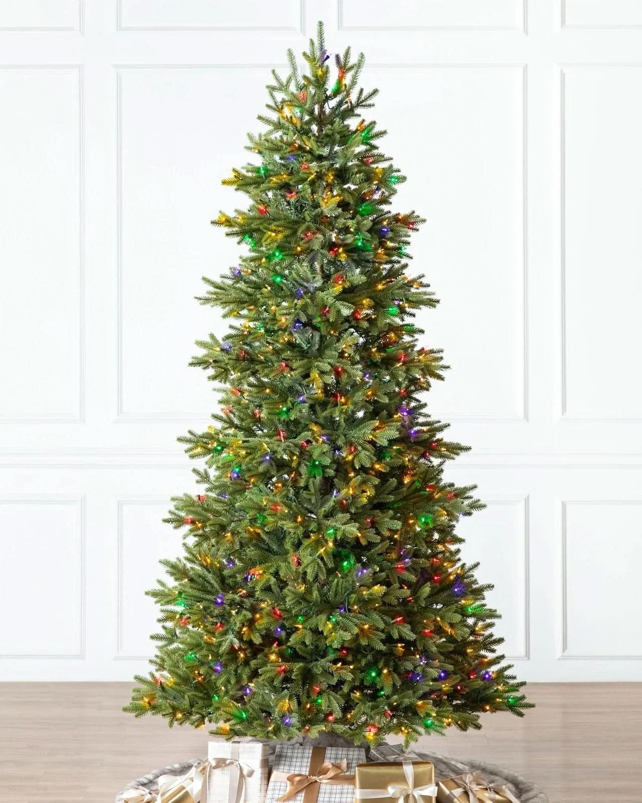 Norway Spruce Christmas Tree with Hinged Branches, Metal Stand and Built-In Multicolour Micro LEDs