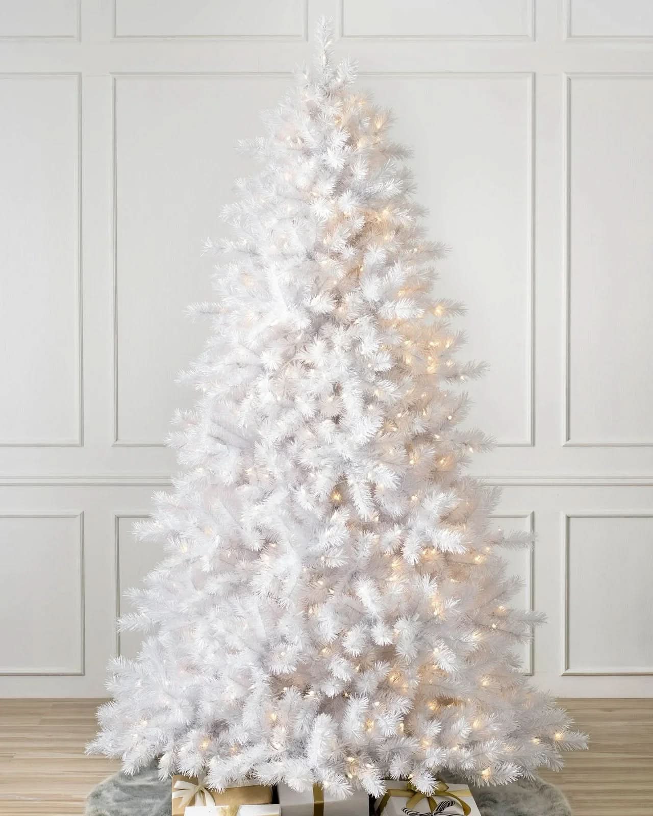 Classic White Christmas Tree with Hinged Branches, Metal Stand and Built-In Micro LEDs