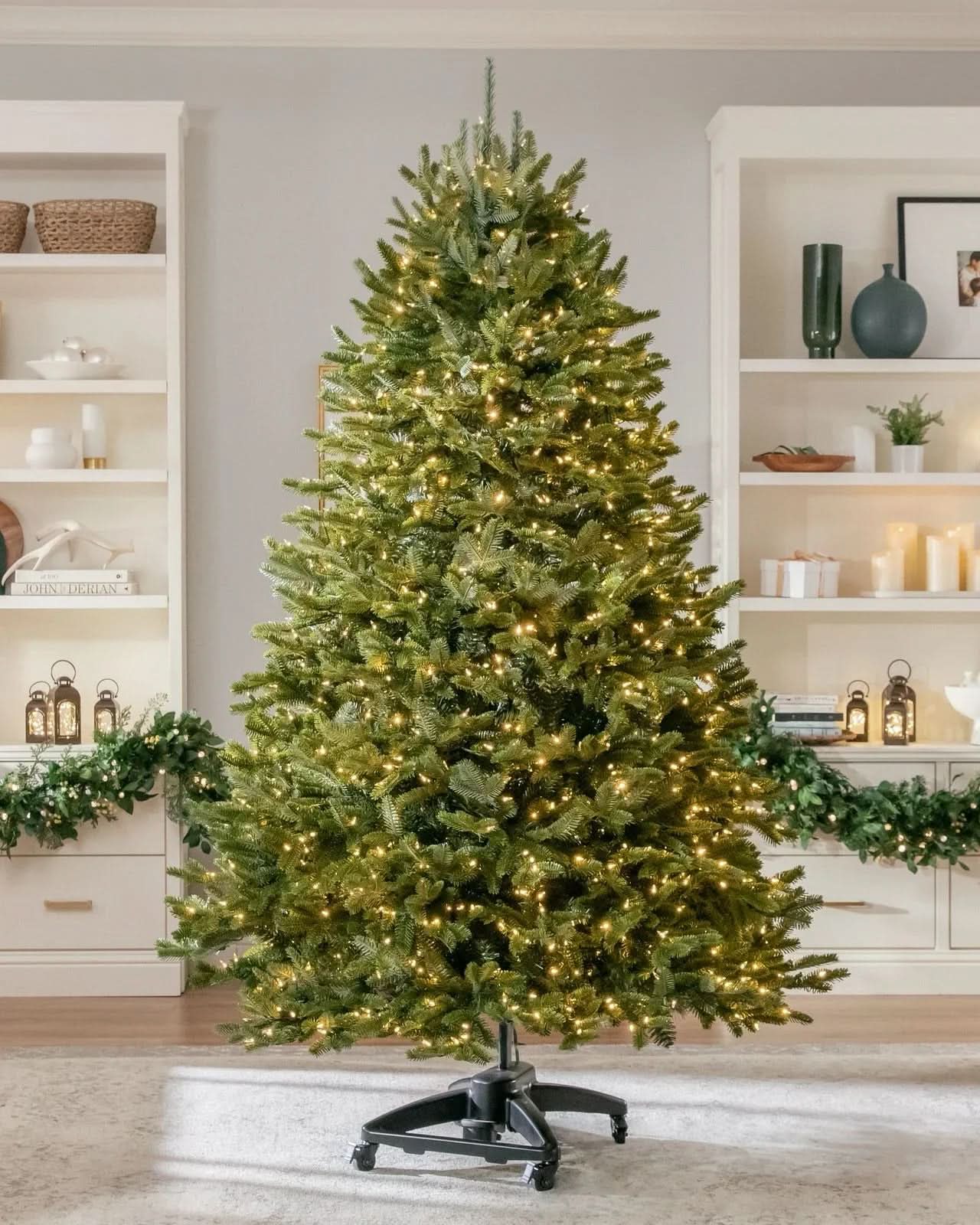 Premium Green Christmas Tree with Hinged Branches, Metal Stand with Wheels and Built-In Micro LEDs