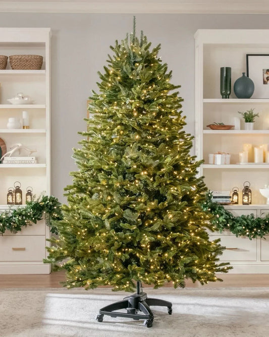 Premium Green Christmas Tree with Hinged Branches, Metal Stand with Wheels and Built-In Micro LEDs