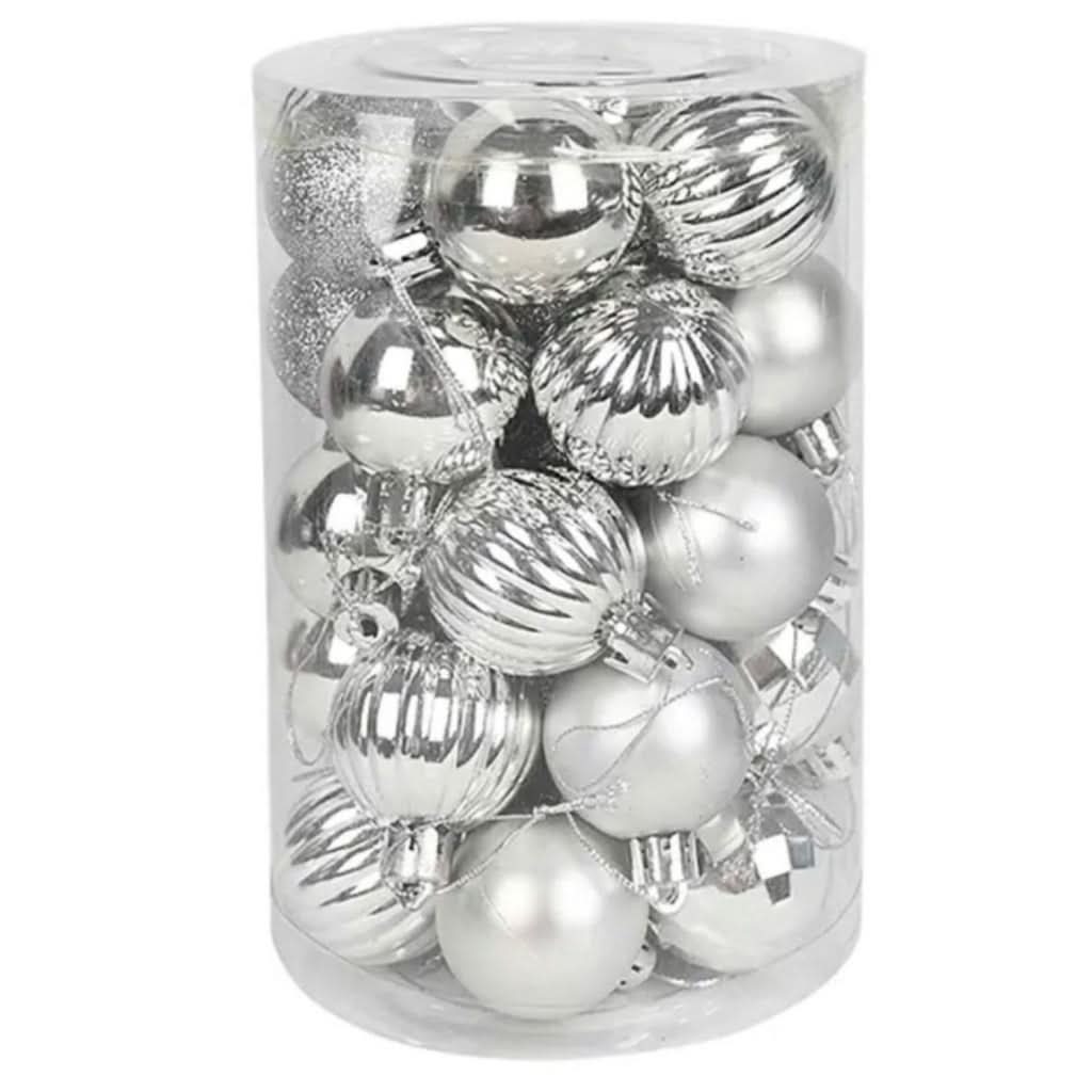 34 Mixed Silver Christmas Balls w/ Glitter 6cm