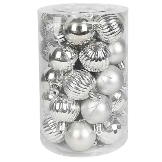 34 Mixed Silver Christmas Balls w/ Glitter 6cm
